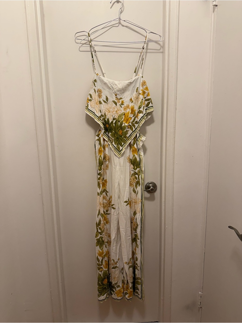 White Floral Maxi Jumpsuit with Green and Yellow Print